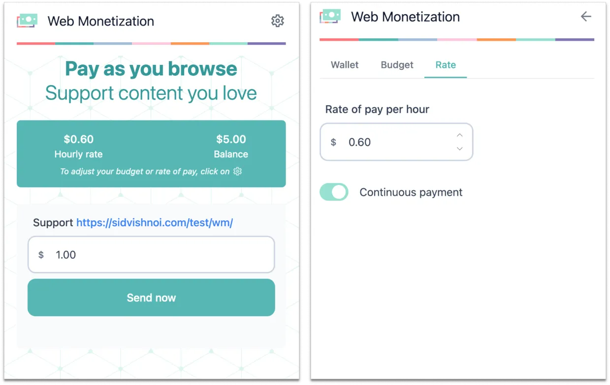 A screenshot showing how to edit the Web Monetization extension's hourly rate settings and send a one time payment.