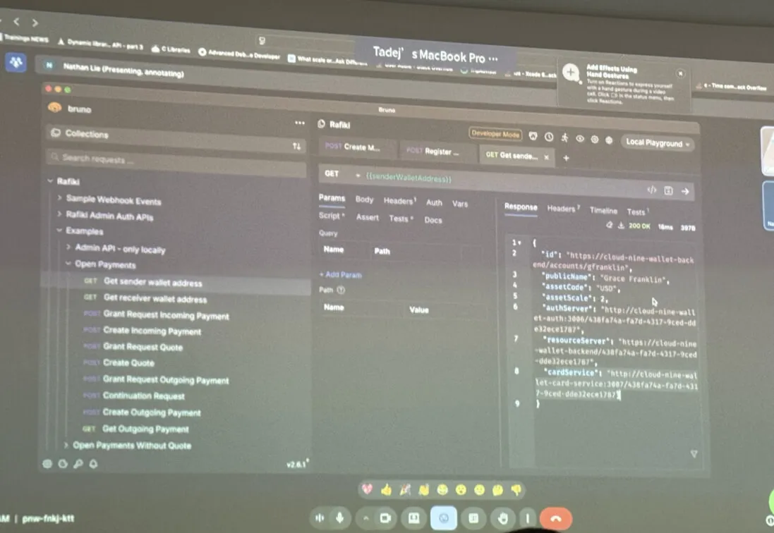 Code examples of the POS service displayed on a wall via projector.
