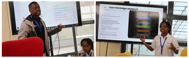 Collage of two photos showing StreamLead team members Benjamin Nengomasha and Claire Kimai presenting MashaaPay, their Interledger-based payments platform for MSMEs.