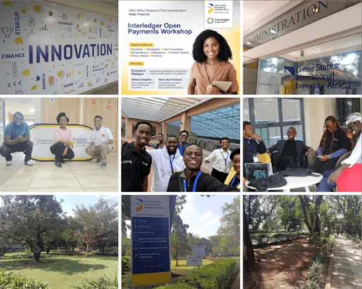 Collage of USIU-Africa workshop participants, campus landscapes, and event banners.